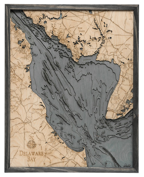 Delaware Bay wood chart map made using a darker green and natural colored wood on white background with dark frame