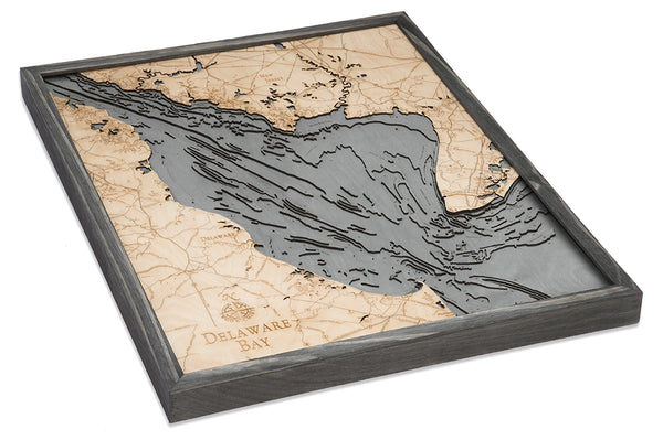 Delaware Bay wood chart map made using a darker green and natural colored wood on white background with dark frame