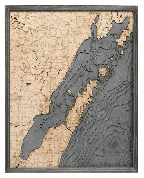 Green Bay/Door County, Wisconsin wood chart map made using a darker green and natural colored wood on white background with dark frame