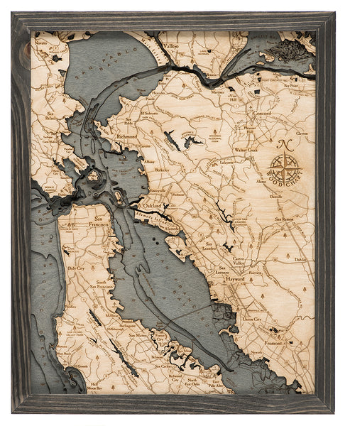 San Francisco Bay, California 3-D Nautical Wood Chart in Rustic Grey Frame