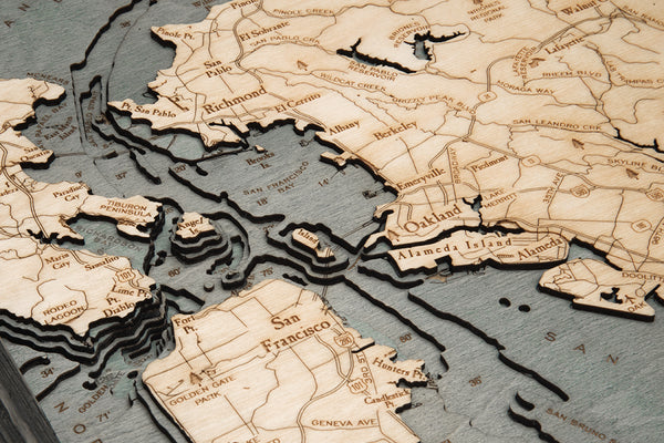Topography Details on Map of San Francisco Bay, California 3-D Nautical Wood Chart