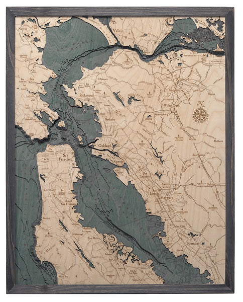 Map of San Francisco Bay, California 3-D Nautical Wood Chart in Rustic Grey Frame
