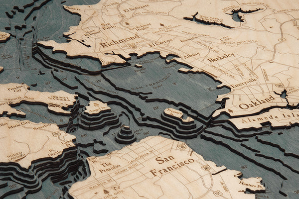 Topography Details on San Francisco Bay, California 3-D Nautical Wood Map