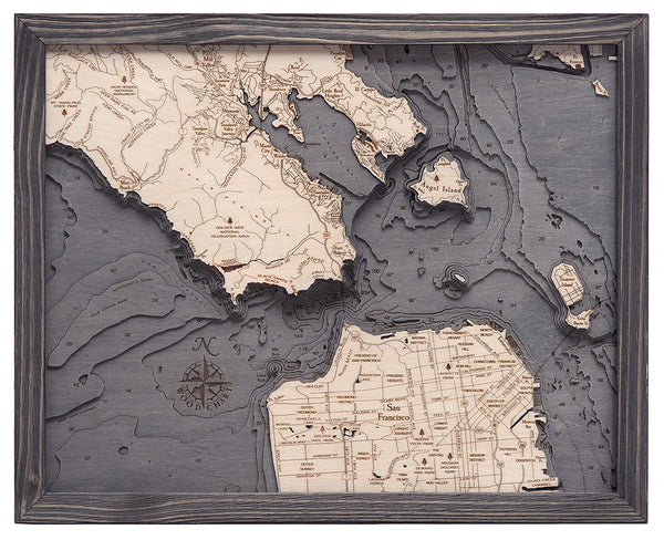 Map of Golden Gate San Francisco, California 3-D Nautical Wood Chart in Rustic Grey Frame