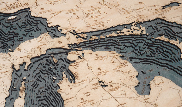 Close Up Detail of Great Lakes 3-D Nautical Wood Chart Map