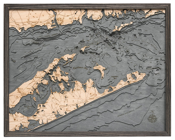 East Long Island Sound/The Hamptons wood chart map made using a darker green and natural colored wood on white background with dark frame