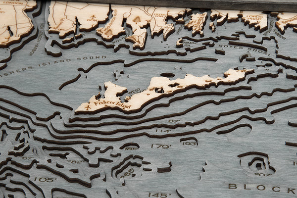 East Long Island Sound/The Hamptons wood chart map made using a darker green and natural colored wood up close