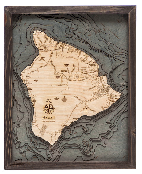 Hawaii, The Big Island, wood chart map made using a darker green and natural colored wood on white background with dark frame