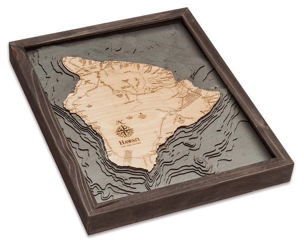 Hawaii, The Big Island, wood chart map made using a darker green and natural colored wood on white background with dark frame laying flat