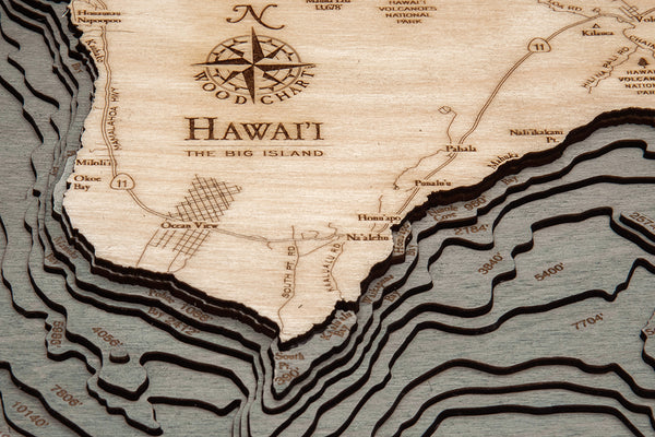 Hawaii, The Big Island, wood chart map made using a darker green and natural colored wood up close