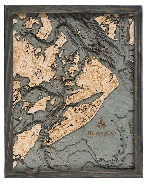 Hilton Head, South Carolina wood chart map made using a darker green and natural colored wood on white background with dark frame