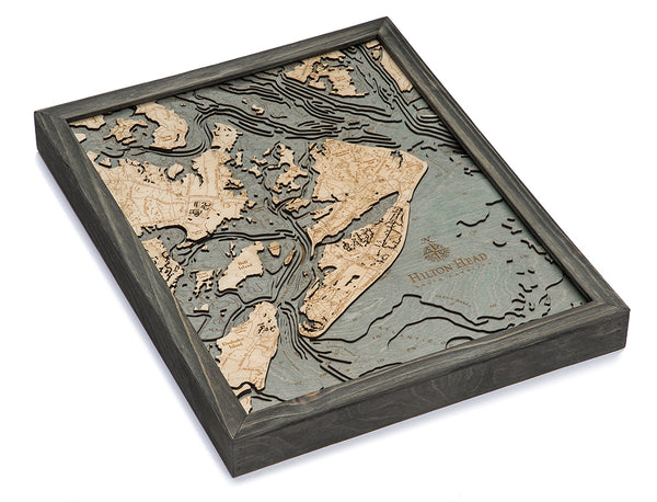 Hilton Head, South Carolina wood chart map made using a darker green and natural colored wood on white background with dark frame laying flat