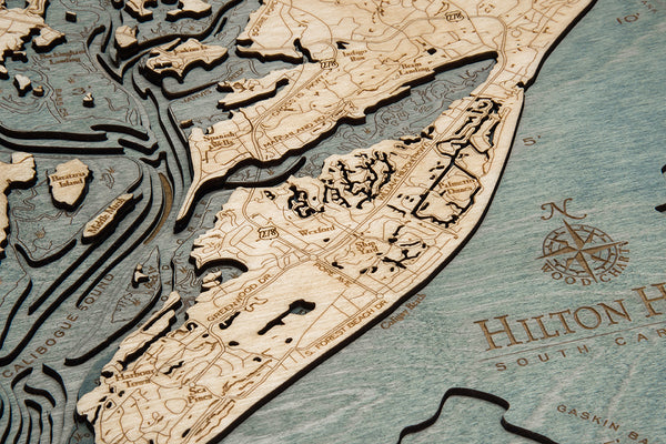 Hilton Head, South Carolina wood chart map made using a darker green and natural colored wood up close