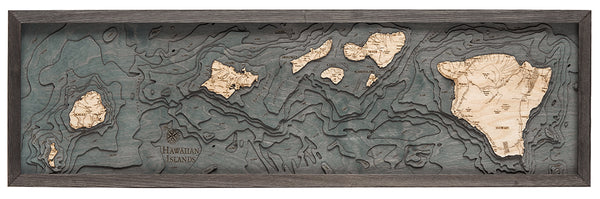 Hawaiian Islands narrow wood chart map made using a darker green and natural colored wood on white background with dark frame