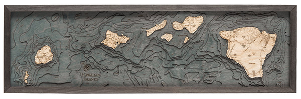 Hawaiian Islands narrow wood chart map made using a darker green and natural colored wood on white background with dark frame