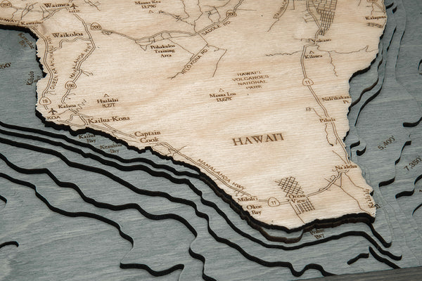 Hawaiian Islands narrow wood chart map made using a darker green and natural colored wood up close
