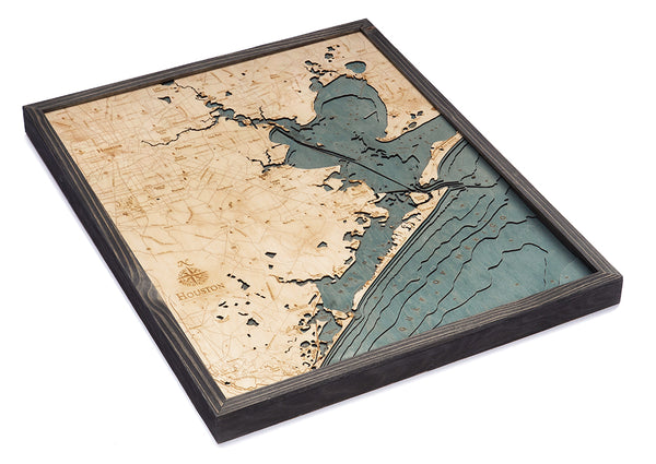 Houston/Galveston, Texas wood chart map made using a darker green and natural colored wood on white background with dark frame laying flat