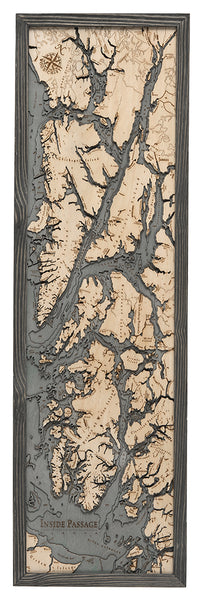 Inside Passage, Alaska wood chart map made using a darker green and natural colored wood on white background with dark frame