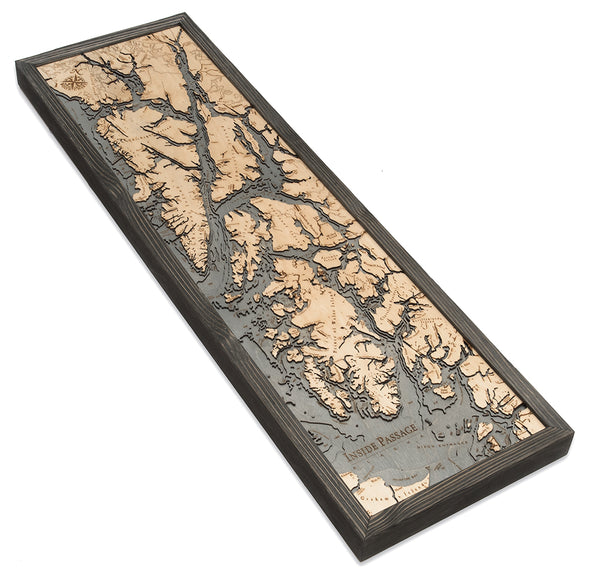 Inside Passage, Alaska wood chart map made using a darker green and natural colored wood on white background with dark frame laying flat