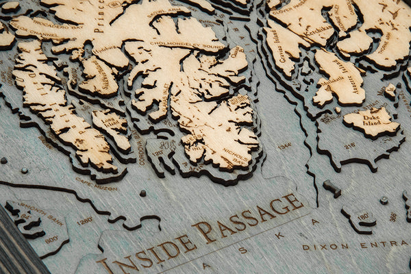Inside Passage, Alaska wood chart map made using a darker green and natural colored wood up close