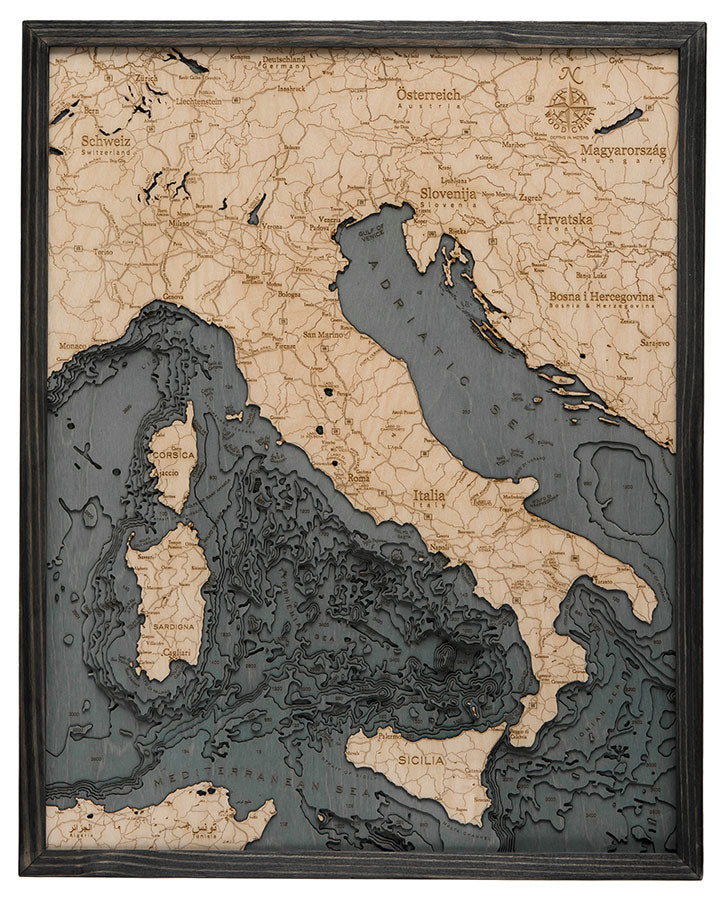 Italy wood chart map made using a darker green and natural colored wood on white background with dark frame