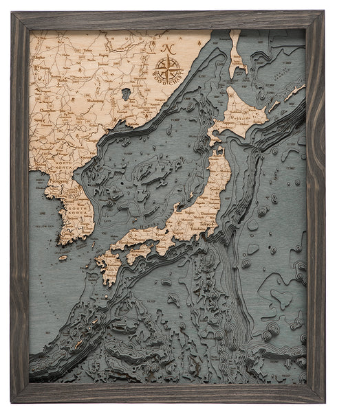 Small Japan and Korea Wood Chart in solid frame