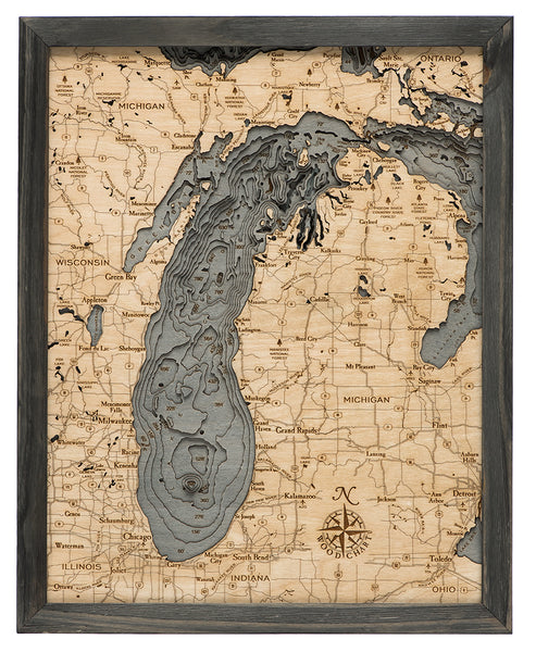 Lake Michigan 3-D Nautical Wood Chart, Small, 16" x 20"