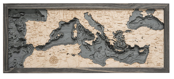 Topographical 3-D Nautical Wood Chart Map of Mediterranean Sea Medium