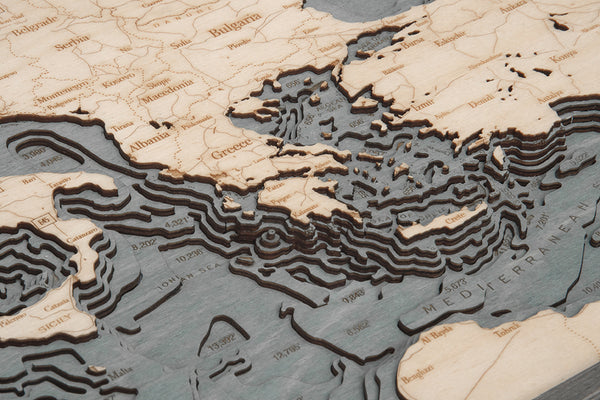 Detail of 3-D Nautical Wood Chart Map of Mediterranean Sea