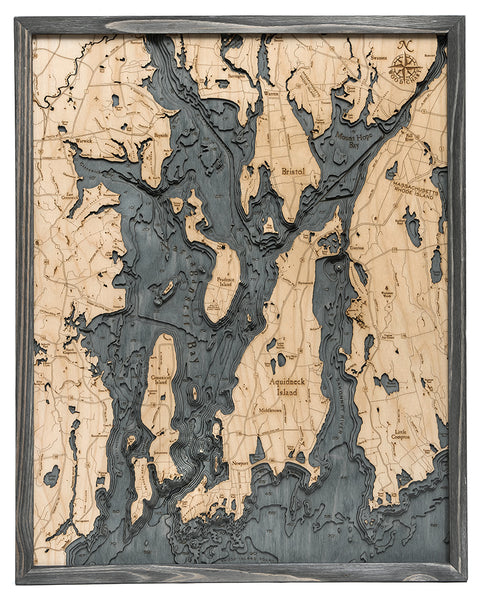 Narragansett and Newport, Rhode Island Map on 3-D Nautical Wood Chart in Grey Frame