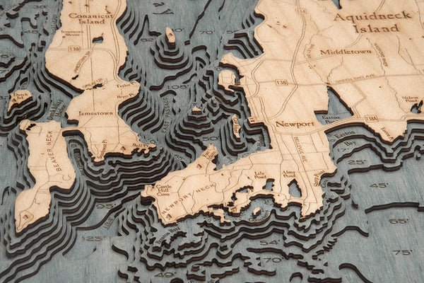 Topography of Narragansett and Newport, Rhode Island 3-D Nautical Wood Chart Map