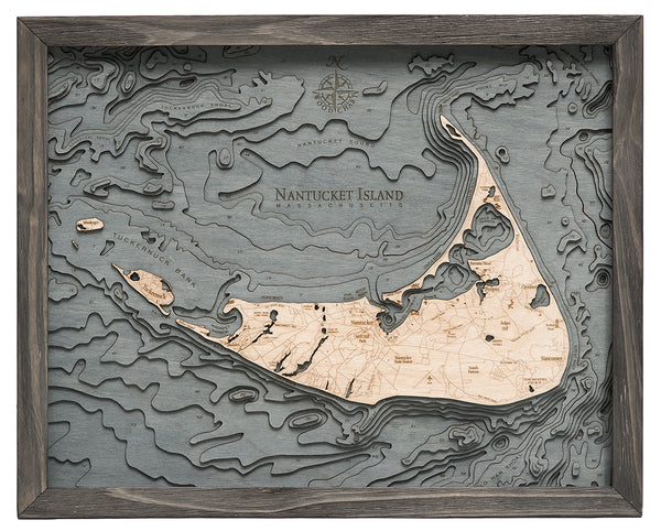 Map of Nantucket 3-D Nautical Wood Chart in Grey Frame