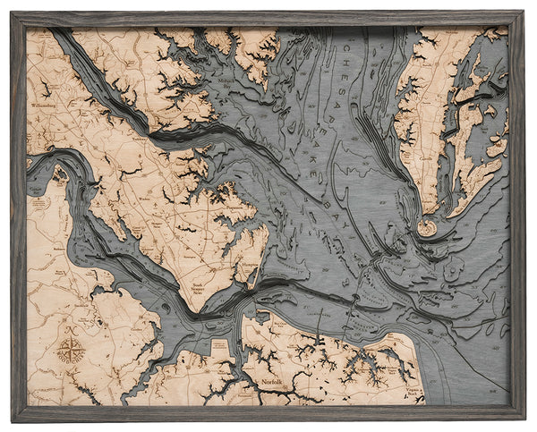 Norfolk, Virginia Map 3-D Nautical Wood Chart in Grey Frame