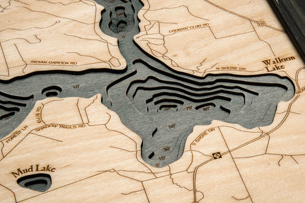 Topography Details on Walloon Lake in Michigan Map 3-D Nautical Wood Chart