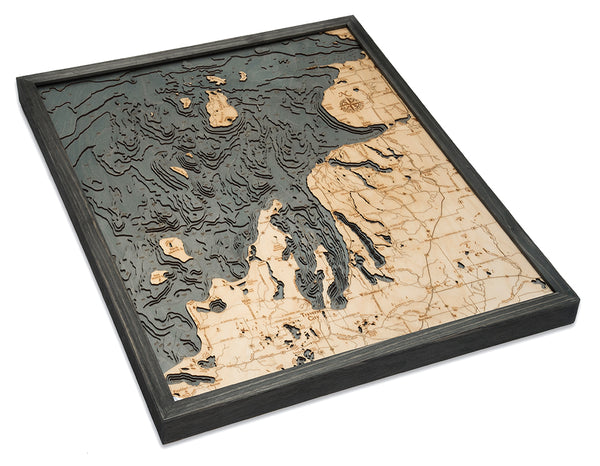 Northwest Lower Michigan Map 3-D Nautical Wood Chart in Rustic Grey Frame
