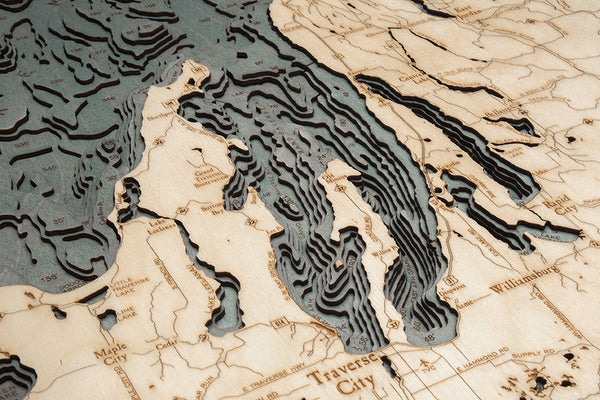 Topography Details of Northwest Lower Michigan Map 3-D Nautical Wood Chart