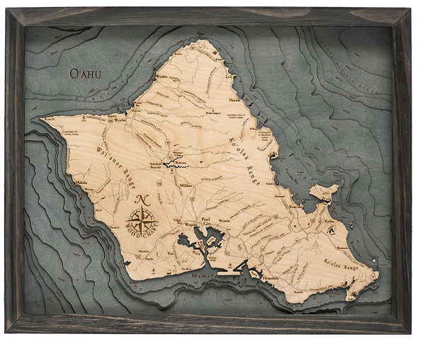 Map of Oahu, Hawaii 3-D Nautical Wood Chart in Rustic Grey Frame