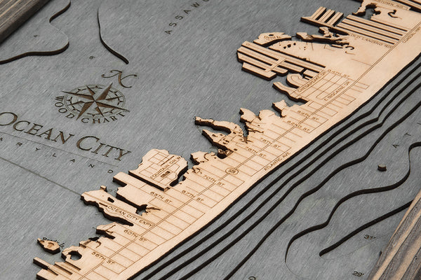 Topography Details of Ocean City, Maryland 3-D Nautical Wood Chart Map