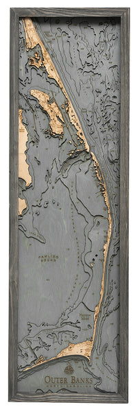 Outer Banks, North Carolina 3-D Nautical Wood Chart in Grey Frame