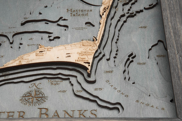 Topography Details of Map of Outer Banks NC 3-D Nautical Wood Chart