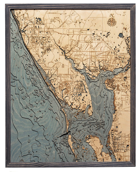 Charlotte Harbor, Florida wood chart map made using dark green and natural wood on white background with dark colored frame