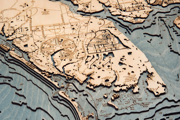 Charlotte Harbor, Florida wood chart map made using dark green and natural wood up close
