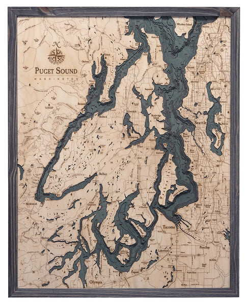 Puget Sound, Washington 3-D Nautical Wood Chart in Rustic Grey Frame