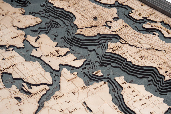 Topography Details of Puget Sound Map on Laser Cut Wood