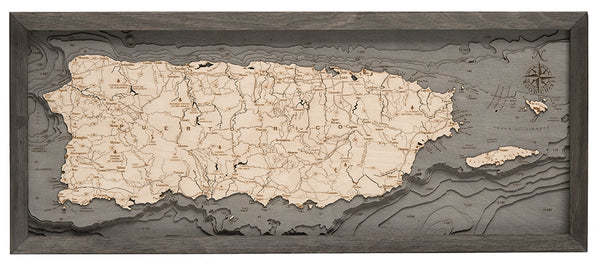 Island of Puerto Rico Map 3-D Nautical Wood Chart in Rustic Grey Frame