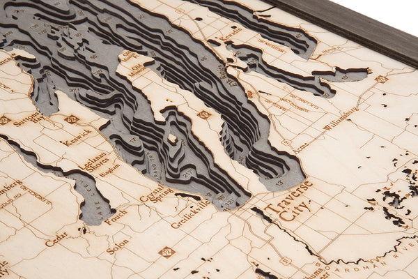 Detail of Laser Cut Layers on Michigan Route M22 3-D Nautical Wood Chart
