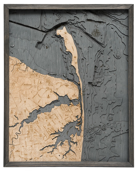 Map of Rumson, New Jersey 3-D Nautical Wood Chart in Rustic Grey Frame