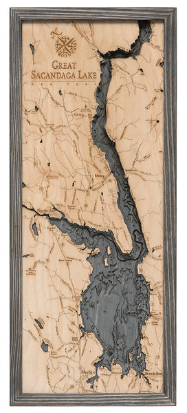 Great Sacandaga Lake wood chart map made using a darker green and natural colored wood on white background