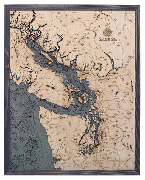 Map of Salish Sea, Washington 3-D Nautical Wood Chart in Rustic Grey Frame