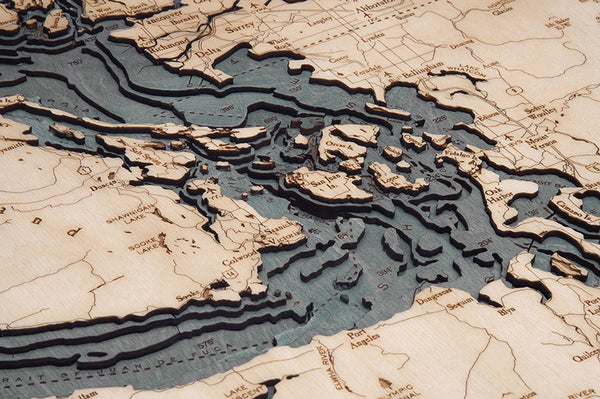 Topography Details on Map of Salish Sea, Washington 3-D Nautical Wood Chart